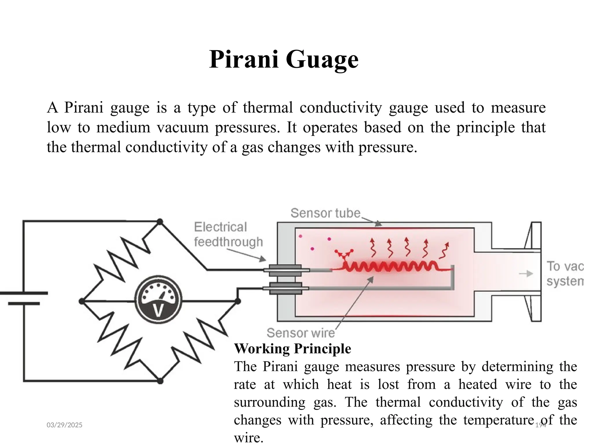 03/29/2025 194
Pirani Guage
A Pirani gauge is a type of thermal conductivity gauge used to measure
low to medium vacuum pressures. It operates based on the principle that
the thermal conductivity of a gas changes with pressure.
Working Principle
The Pirani gauge measures pressure by determining the
rate at which heat is lost from a heated wire to the
surrounding gas. The thermal conductivity of the gas
changes with pressure, affecting the temperature of the
wire.
 