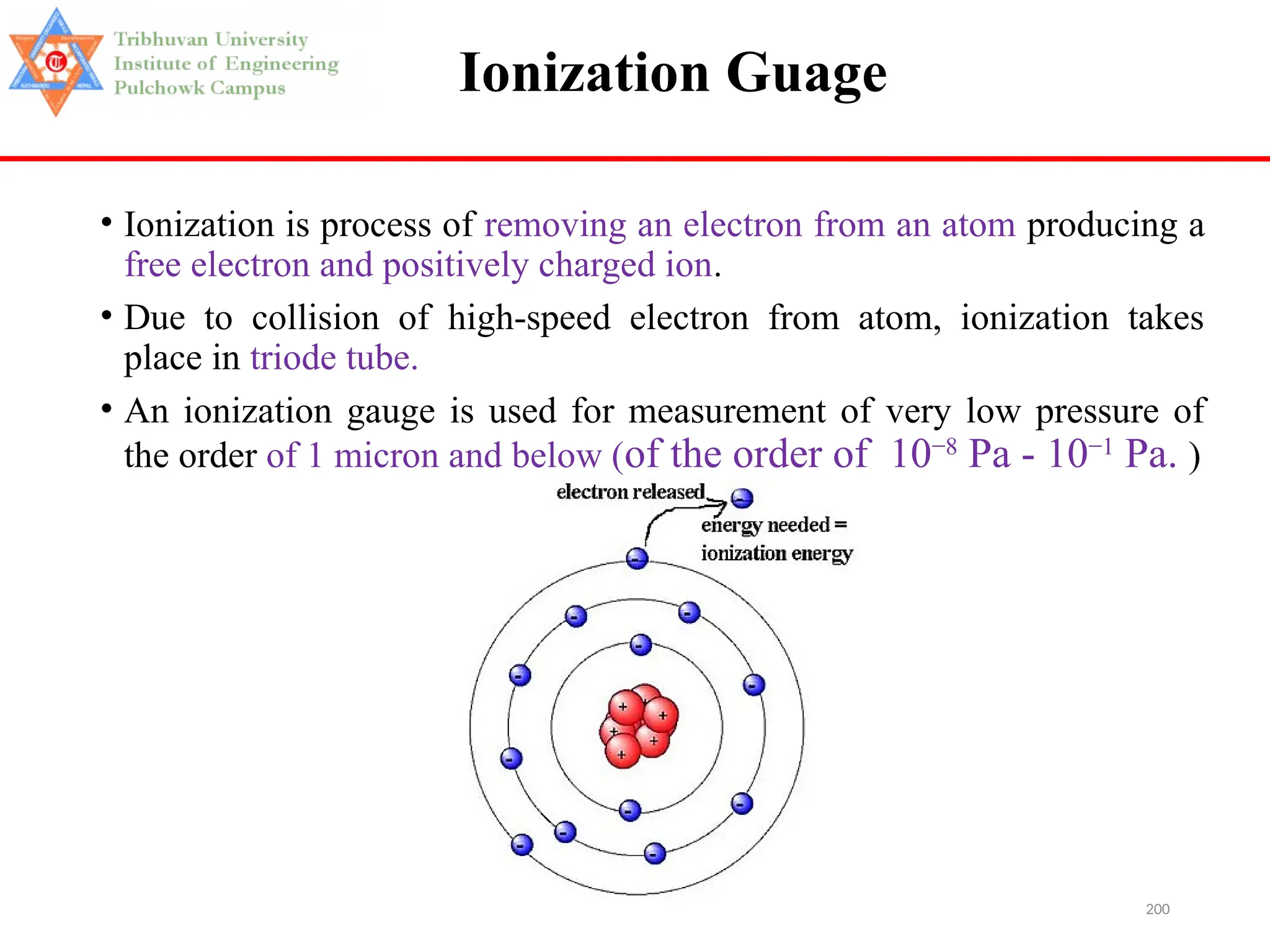 200
Ionization Guage
• Ionization is process of removing an electron from an atom producing a
free electron and positively charged ion.
• Due to collision of high-speed electron from atom, ionization takes
place in triode tube.
• An ionization gauge is used for measurement of very low pressure of
the order of 1 micron and below (of the order of 10−8
Pa - 10−1
Pa. )
 
