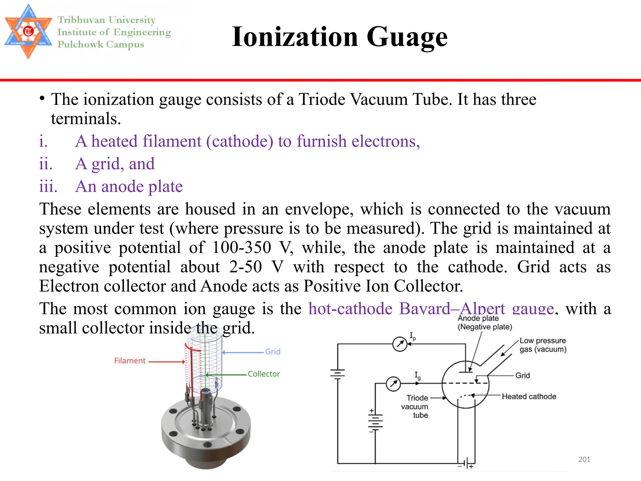 201
Ionization Guage
• The ionization gauge consists of a Triode Vacuum Tube. It has three
terminals.
i. A heated filament (cathode) to furnish electrons,
ii. A grid, and
iii. An anode plate
These elements are housed in an envelope, which is connected to the vacuum
system under test (where pressure is to be measured). The grid is maintained at
a positive potential of 100-350 V, while, the anode plate is maintained at a
negative potential about 2-50 V with respect to the cathode. Grid acts as
Electron collector and Anode acts as Positive Ion Collector.
The most common ion gauge is the hot-cathode Bayard–Alpert gauge, with a
small collector inside the grid.
 