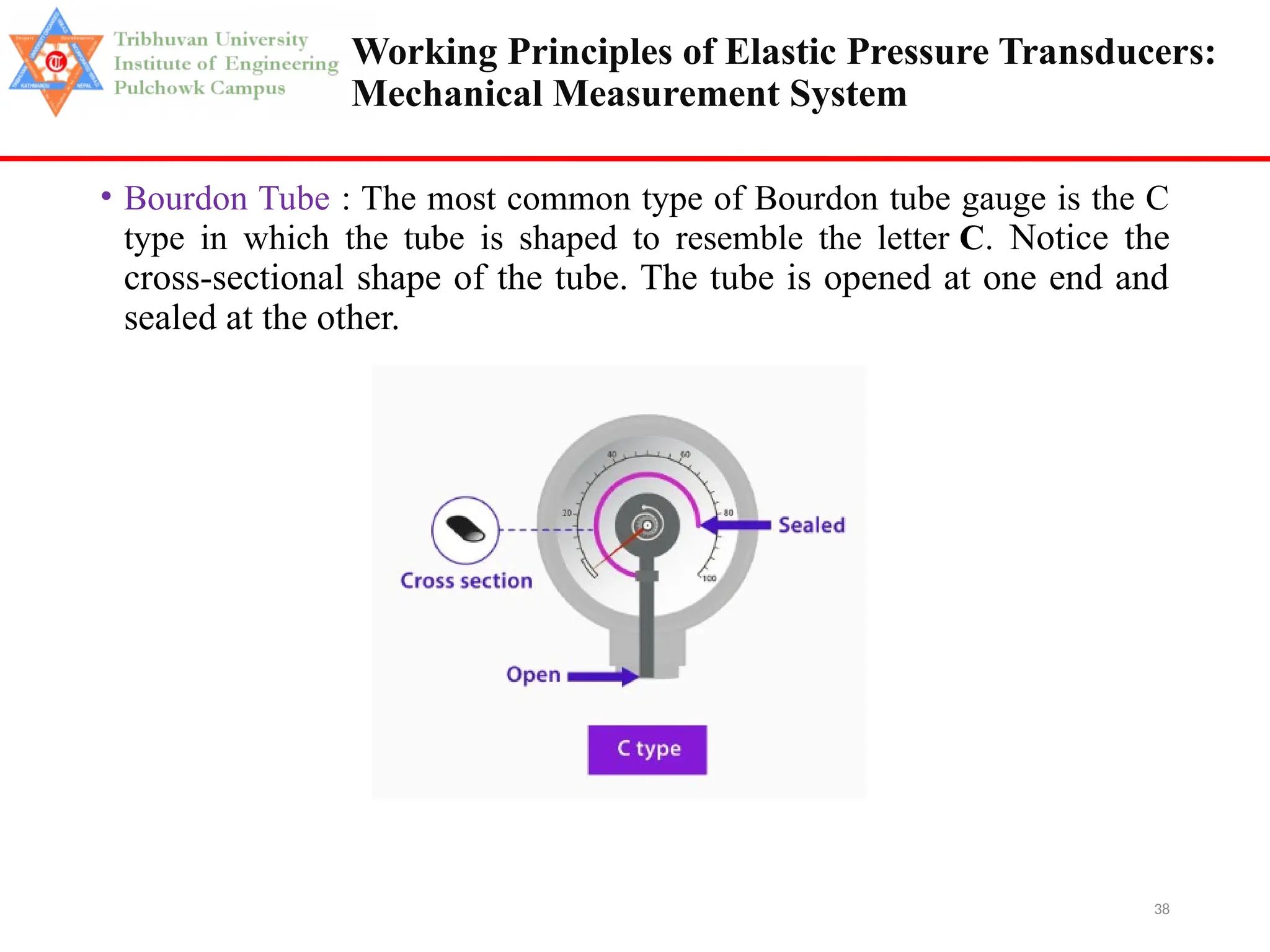 38
Working Principles of Elastic Pressure Transducers:
Mechanical Measurement System
• Bourdon Tube : The most common type of Bourdon tube gauge is the C
type in which the tube is shaped to resemble the letter C. Notice the
cross-sectional shape of the tube. The tube is opened at one end and
sealed at the other.
 