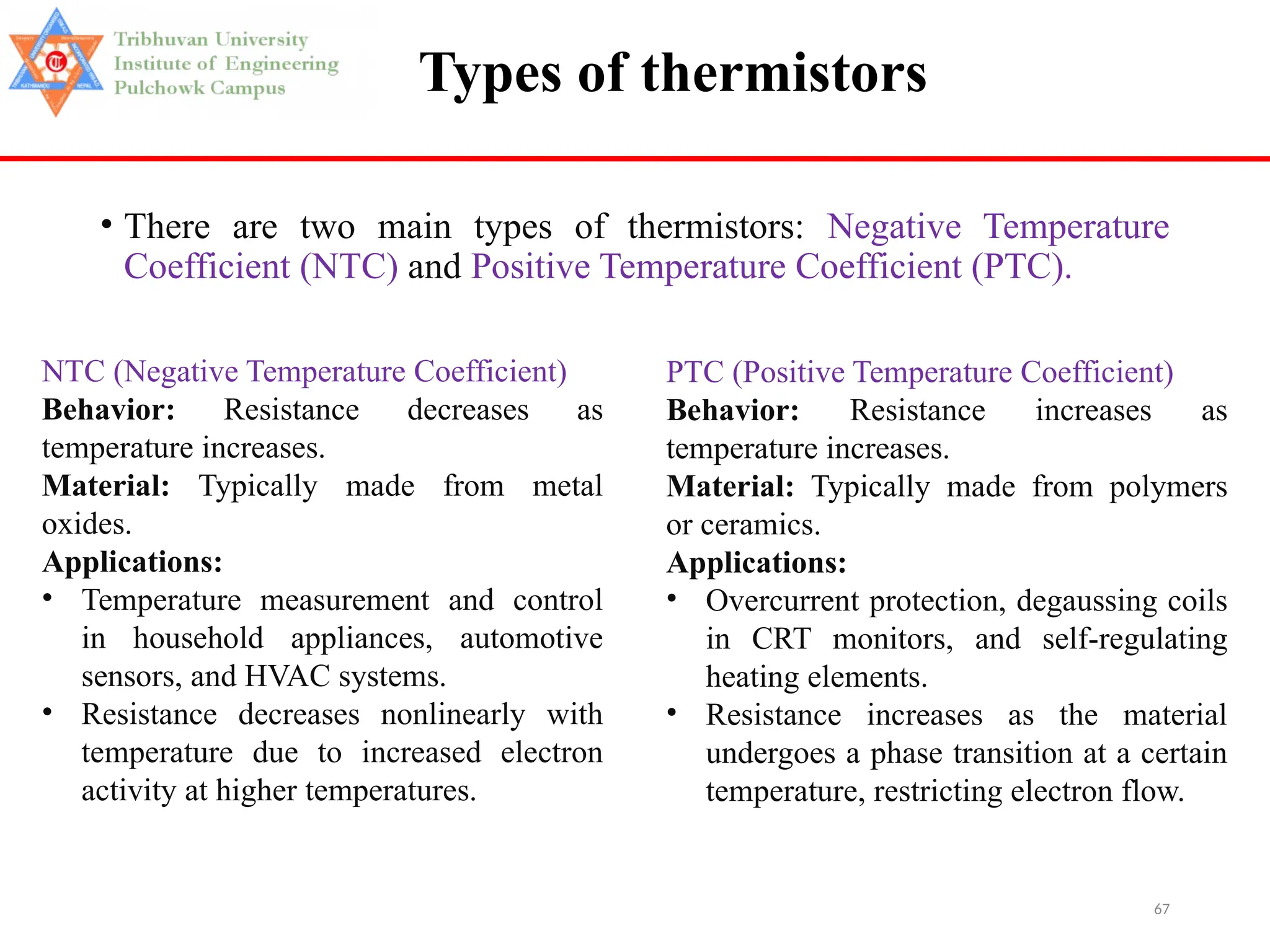 67
Types of thermistors
• There are two main types of thermistors: Negative Temperature
Coefficient (NTC) and Positive Temperature Coefficient (PTC).
NTC (Negative Temperature Coefficient)
Behavior: Resistance decreases as
temperature increases.
Material: Typically made from metal
oxides.
Applications:
• Temperature measurement and control
in household appliances, automotive
sensors, and HVAC systems.
• Resistance decreases nonlinearly with
temperature due to increased electron
activity at higher temperatures.
PTC (Positive Temperature Coefficient)
Behavior: Resistance increases as
temperature increases.
Material: Typically made from polymers
or ceramics.
Applications:
• Overcurrent protection, degaussing coils
in CRT monitors, and self-regulating
heating elements.
• Resistance increases as the material
undergoes a phase transition at a certain
temperature, restricting electron flow.
 