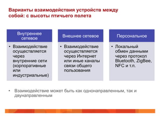 Варианты взаимодействия устройств между
собой: с высоты птичьего полета
Внутреннее
сетевое
•  Взаимодействие
осуществляется
через
внутренние сети
(корпоративные
или
индустриальные)
Внешнее сетевое
•  Взаимодействие
осуществляется
через Интернет
или иные каналы
связи общего
пользования
Персональное
•  Локальный
обмен данными
через протокол
Bluetooth, ZigBee,
NFC и т.п.
•  Взаимодействие может быть как однонаправленным, так и
двунаправленным
 