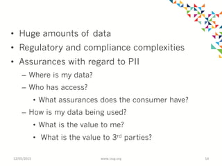 •  Huge amounts of data
•  Regulatory and compliance complexities
•  Assurances with regard to PII
–  Where is my data?
–  Who has access?
•  What assurances does the consumer have?
–  How is my data being used?
•  What is the value to me?
•  What is the value to 3rd parties?
12/05/2015	
   www.tssg.org	
   14	
  
 