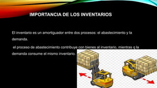 IMPORTANCIA DE LOS INVENTARIOS
El inventario es un amortiguador entre dos procesos: el abastecimiento y la
demanda.
el proceso de abastecimiento contribuye con bienes al inventario, mientras q la
demanda consume el mismo inventario.
 