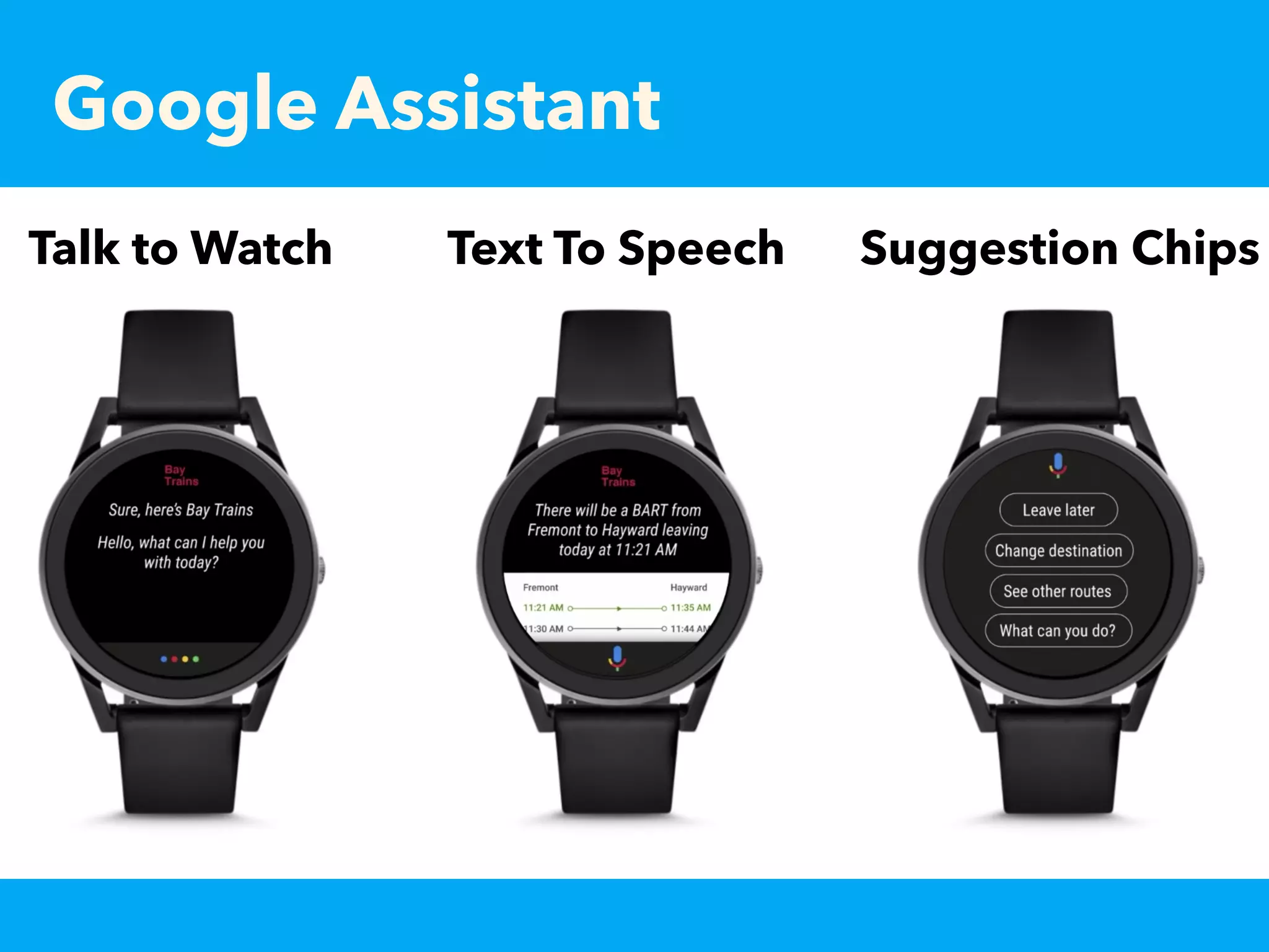 Google Assistant
Talk to Watch Text To Speech Suggestion Chips
 