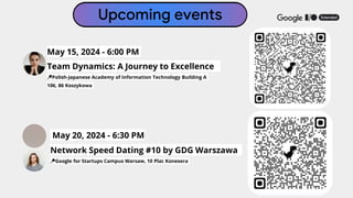 Upcoming events
Team Dynamics: A Journey to Excellence
📍Polish-Japanese Academy of Information Technology Building A
106, 86 Koszykowa
May 15, 2024 - 6:00 PM
Network Speed Dating #10 by GDG Warszawa
📍Google for Startups Campus Warsaw, 10 Plac Konesera
May 20, 2024 - 6:30 PM
 