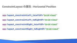 Source: Lorem ipsum dolor sit amet, consectetur adipiscing elit. Duis non erat sem
ConstraintLayout  : Horizontal Position
app:layout_constraintLeft_toLeftOf="@+id/view1"
?
app:layout_constraintLeft_toRightOf="@+id/view1"
?
app:layout_constraintRight_toLeftOf="@+id/view1"
?
app:layout_constraintRight_toRightOf="@+id/view1"
 