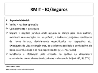 RMIT - IO/Seguros
 Aspecto Material:
 Verbo = realizar operação
 Complemento = de seguro
 Seguro = negócio jurídico onde alguém se obriga para com outrem,
mediante remuneração de um prêmio, a indenizar prejuízos resultantes
de riscos futuros, devidamente especificados no respectivo ato.
EX:seguros de vida e congêneres, de acidentes pessoais e do trabalho, de
bens, valores, coisas e os não especificados (DL 1.783/1980)
 Incidência = efetivação pela emissão da apólice ou documento
equivalente, ou recebimento do prêmio, na forma da lei (art. 63, III, CTN)
Tacio Lacerda Gama
www.parasaber.com.br/taciolacerdagama

 