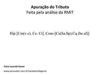 Apuração do Tributo
Feita pela análise da RMIT

Hip [Cm(v.c). Ce. Ct]. Cons [Cs(Sa.Sp).Cq (bc.al)]

Tacio Lacerda Gama
www.parasaber.com.br/taciolacerdagama

 