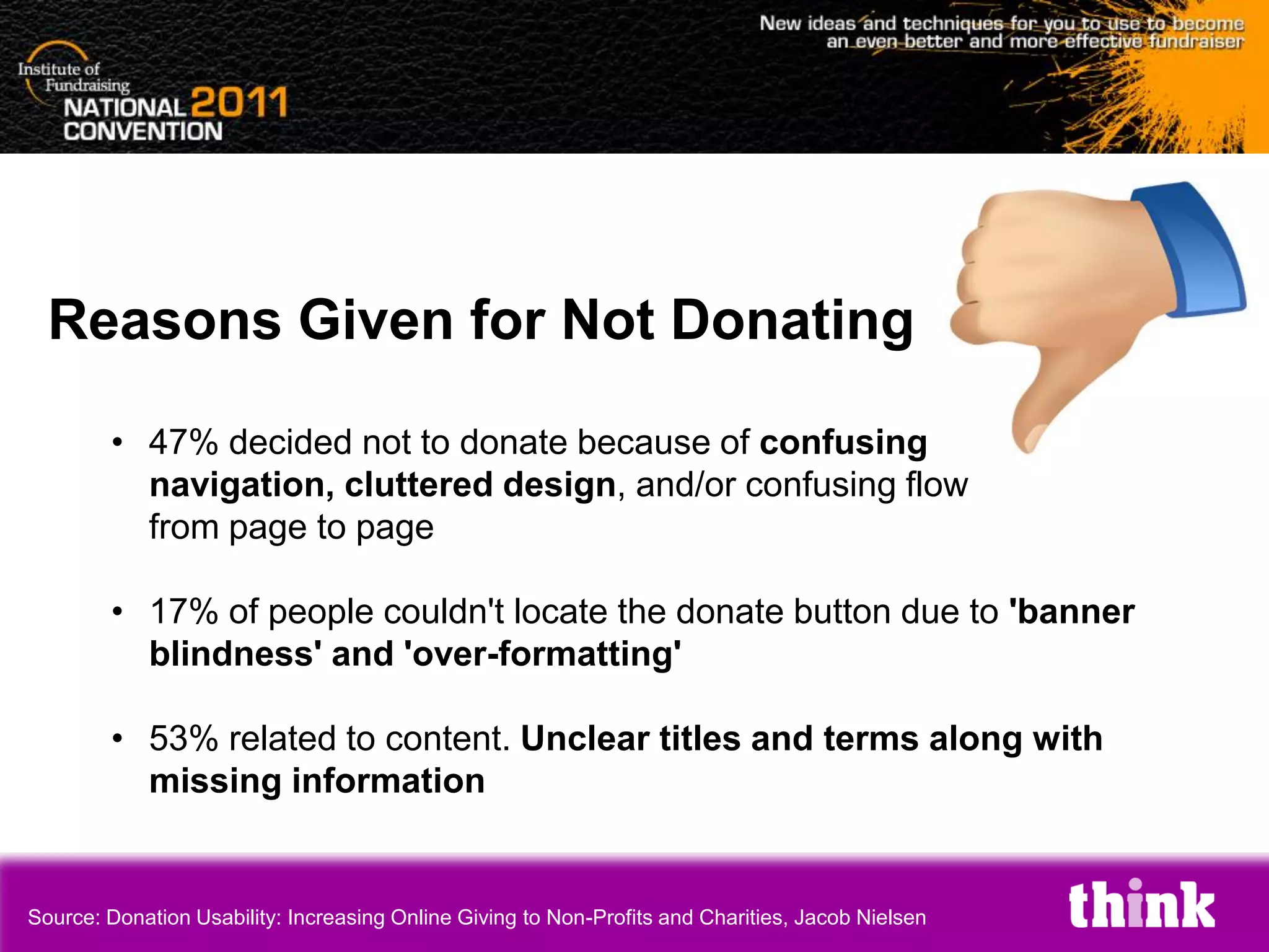 Reasons Given for Not Donating

        • 47% decided not to donate because of confusing
          navigation, cluttered design, and/or confusing flow
          from page to page

        • 17% of people couldn't locate the donate button due to 'banner
          blindness' and 'over-formatting'

        • 53% related to content. Unclear titles and terms along with
          missing information


Source: Donation Usability: Increasing Online Giving to Non-Profits and Charities, Jacob Nielsen
 