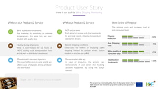 This project has received funding from the European Union’s Horizon
2020 research and innovation programme under grant agreement
№731884
Product User Story
Here is our tool for Wine Shipping Monitoring
D
Here is the differenceWithout our Product & Service With our Product & Service
Blind stabilization treatments
Not knowing its sensitivity to extreme
temperatures, the wine lots are over-
treated with quality loss
NET test on wine
Each wine lot receive only the treatments
its precisely needs, shipping temperature
standard is known
Target User – all wineries, focus on export
This reduces costs and increases trust at
end-consumer level.
Heating during shipments
Wine is over-heated for 12 hours at
>40°C during truck transportation from
arrival port to distributor storehouse
Disputes with overseas importers
Perceived differences in wine profile are
often cause of disputes among producer
and distributor.
Tailored shipping conditions
Extra-costs for reefers or insulating pallet
shipping limited to certain wines. Jodyn
modem in one box per pallet
Demonstrative data set
In case of disputes, the winery can
demonstrate if and when the heating
accident happened, by using the Jodyn
dataset.
Dispute
reduction
Ave. Shipping
cost
Wine quality at
consumer step
-10%
-5%
+5%
Stabilization
treatments
- 10%
 