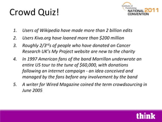 Crowd Quiz!Users of Wikipedia have made more than 2 billion editsUsers Kiva.org have loaned more than $200 millionRoughly 2/3rds of people who have donated on Cancer Research UK’s My Project website are new to the charityIn 1997 American fans of the band Marrillon underwrote an entire US tour to the tune of $60,000, with donations following an internet campaign - an idea conceived and managed by the fans before any involvement by the bandA writer for Wired Magazine coined the term crowdsourcing in June 2005