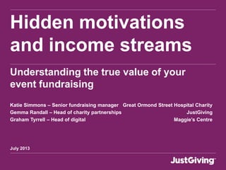 July 2013
Hidden motivations
and income streams
Understanding the true value of your
event fundraising
Katie Simmons – Senior fundraising manager Great Ormond Street Hospital Charity
Gemma Randall – Head of charity partnerships JustGiving
Graham Tyrrell – Head of digital Maggie’s Centre
 