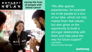 “We offer special
experiences, for example
we invite people to a tour
of our labs, which not only
makes them feel valued,
but also gives us the
opportunity to build a
stronger relationship with
them and help pave the
way for future support”
Jade Brent,
Senior Events Manager
 