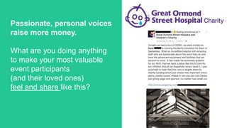 Passionate, personal voices
raise more money.
What are you doing to
make your most valuable
event participants
(and their loved ones)
feel and share like this?
 