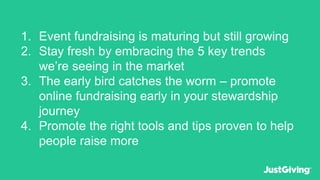 1. Event fundraising is maturing but still growing
2. Stay fresh by embracing the 5 key trends
we’re seeing in the market
3. The early bird catches the worm – promote
online fundraising early in your stewardship
journey
4. Promote the right tools and tips proven to help
people raise more
 