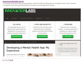 www.innovationlabs.org.uk
Co-design process with young people, mental health professionals, designers and tech experts
7 projects now being developed by charities and design-tech teams
 