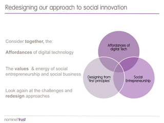 Redesigning our approach to social innovation
Affordances of
digital Tech
Social
Entrepreneurship
Designing from
‘first principles’
Consider together, the:
Affordances of digital technology
The values & energy of social
entrepreneurship and social business
Look again at the challenges and
redesign approaches
 