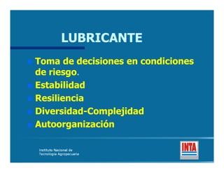 LUBRICANTE
Toma de decisiones en condiciones
de riesgo.
riesgo.
Estabilidad
Resiliencia
Diversidad-
Diversidad-Complejidad
Autoorganización