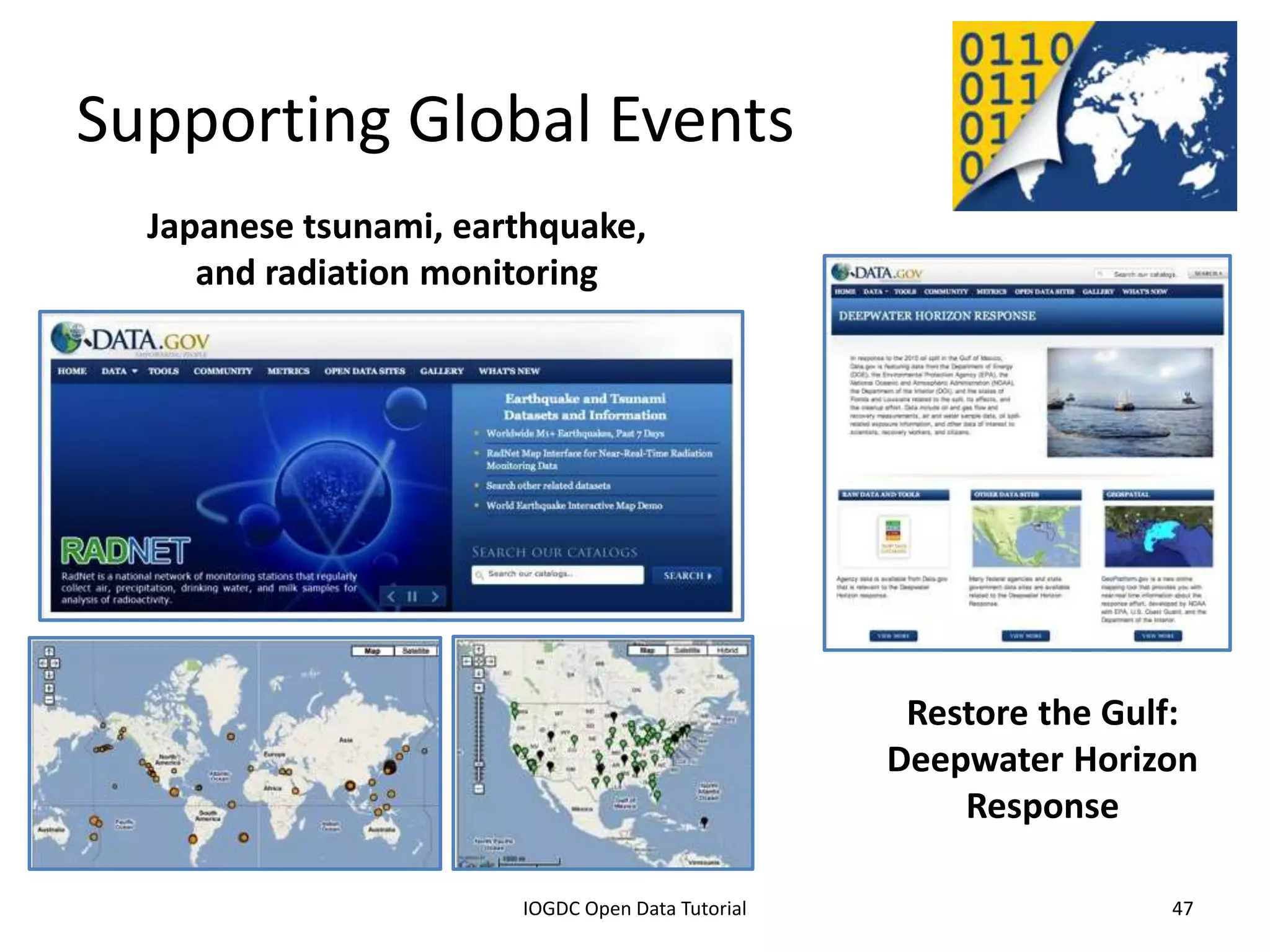 Supporting Global Events
     Japanese tsunami, earthquake,
        and radiation monitoring




                                                                           Restore the Gulf:
                                                                          Deepwater Horizon
                                                                              Response

              2012 INTERNATIONAL OPEN GOVERNMENT DATA CONFERENCE—OPEN GOV DATA TUTORIAL
9 July 2012                             IOGDC Open Data Tutorial                          47
 