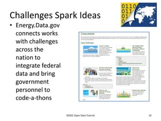 Challenges Spark Ideas
• Energy.Data.gov
  connects works
  with challenges
  across the
  nation to
  integrate federal
  data and bring
  government
  personnel to
  code-a-thons

              2012 INTERNATIONAL OPEN GOVERNMENT DATA CONFERENCE—OPEN GOV DATA TUTORIAL
9 July 2012                             IOGDC Open Data Tutorial                          10
 