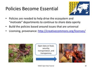 Policies Become Essential
• Policies are needed to help drive the ecosystem and
  “motivate” departments to continue to share data openly
• Build the policies based around issues that are universal
• Licensing, provenance: http://creativecommons.org/licenses/



                                       Open data on food,
                                             security,
                                       transportation, and
                                          transparency




              2012 INTERNATIONAL OPEN GOVERNMENT DATA CONFERENCE—OPEN GOV DATA TUTORIAL
9 July 2012                             IOGDC Open Data Tutorial                          30
 
