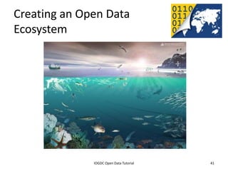 Creating an Open Data
Ecosystem




              2012 INTERNATIONAL OPEN GOVERNMENT DATA CONFERENCE—OPEN GOV DATA TUTORIAL
9 July 2012                             IOGDC Open Data Tutorial                          41
 