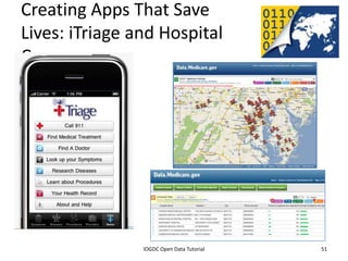Creating Apps That Save
Lives: iTriage and Hospital
Compare




              2012 INTERNATIONAL OPEN GOVERNMENT DATA CONFERENCE—OPEN GOV DATA TUTORIAL
9 July 2012                             IOGDC Open Data Tutorial                          51
 