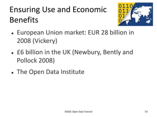 Ensuring Use and Economic
Benefits
    European Union market: EUR 28 billion in
     2008 (Vickery)
    £6 billion in the UK (Newbury, Bently and
     Pollock 2008)
    The Open Data Institute




              2012 INTERNATIONAL OPEN GOVERNMENT DATA CONFERENCE—OPEN GOV DATA TUTORIAL
9 July 2012                             IOGDC Open Data Tutorial                          53
 