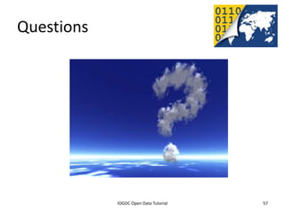 Questions




              2012 INTERNATIONAL OPEN GOVERNMENT DATA CONFERENCE—OPEN GOV DATA TUTORIAL
9 July 2012                             IOGDC Open Data Tutorial                          57
 