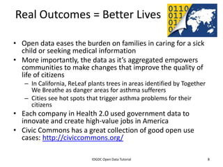 Real Outcomes = Better Lives

• Open data eases the burden on families in caring for a sick
  child or seeking medical information
• More importantly, the data as it’s aggregated empowers
  communities to make changes that improve the quality of
  life of citizens
    – In California, ReLeaf plants trees in areas identified by Together
      We Breathe as danger areas for asthma sufferers
    – Cities see hot spots that trigger asthma problems for their
      citizens
• Each company in Health 2.0 used government data to
  innovate and create high-value jobs in America
• Civic Commons has a great collection of good open use
  cases: http://civiccommons.org/

              2012 INTERNATIONAL OPEN GOVERNMENT DATA CONFERENCE—OPEN GOV DATA TUTORIAL
9 July 2012                             IOGDC Open Data Tutorial                          8
 