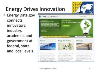 Energy Drives Innovation
• Energy.Data.gov
  connects
  innovators,
  industry,
  academia, and
  government at
  federal, state,
  and local levels


               2012 INTERNATIONAL OPEN GOVERNMENT DATA CONFERENCE—OPEN GOV DATA TUTORIAL
 9 July 2012                             IOGDC Open Data Tutorial                          9
 