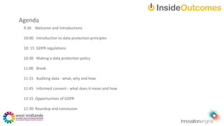 Agenda
9:30 Welcome and introductions
10:00 Introduction to data protection principles
10: 15 GDPR regulations
10:30 Making a data protection policy
11:00 Break
11:15 Auditing data - what, why and how
11:45 Informed consent - what does it mean and how
12:15 Opportunities of GDPR
12:30 Roundup and conclusion
 