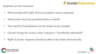 • Must comply with right of access (subject access requests)
• Information must be provided within a month
• Two months if compliance can be shown to be complex
• Cannot charge for access unless request is “manifestly unfounded”
• Right of access requests should be able to be made electronically
Emphasis on the individual
 