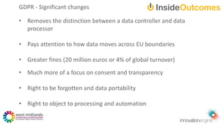 GDPR - Significant changes
• Removes the distinction between a data controller and data
processor
• Pays attention to how data moves across EU boundaries
• Greater fines (20 million euros or 4% of global turnover)
• Much more of a focus on consent and transparency
• Right to be forgotten and data portability
• Right to object to processing and automation
 