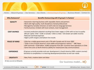 Home           About iO group               Our Services     Our Clients      Outsourcing to iO group    Business Model           Contact Us

      Why Outsource?                                              Benefits Outsourcing with iO group’s ‘e-Factory’

            QUALITY                     - Seasoned e-learning business with reputable clients and partners
                                        - Work with high quality, multi disciplinary trained professionals
                                        - Managed by Canadian directors on both ends (no language barriers)
                                        - Family business mindset with local contacts, local management

        COST SAVINGS                    - Increase production potential resulting from lower wages in Chile with no loss to quality
                                          GNI per capita: Chile = $10k vs Canada = $41k vs India = $1k (lower yet stable income)
                                        - Reduced overhead expenses
                                        - Higher profit margins and bottom line results

       PEACE OF MIND                    - Chile has a stable government and a FTA with Canada and US since 2002
                                        - “Chile is one of South America's most stable and prosperous nations.” – BBC News
                                        - GDP (nominal) = $169 billion, 4,000 companies from 60+ countries have operations in Chile
                                        - Same time zone as North America (ability for instant/same day communication)

          EXPERIENCE                    -iO group currently provides end-user development in South America (200+ custom courses)
                                        -Sensitive to complexities in e-learning development/sensitive to end-user needs

          CREATIVITY                    - New, fresh, creative talent and ideas
 All data sourced via Wikipedia
                                                                                              Our business model…                    NEXT




Las Hortensias 2371 Providencia – Santiago, Chile          BACK     iO group Chile Canadá                   1598 Hallstone Road – Brampton, Ontario
 