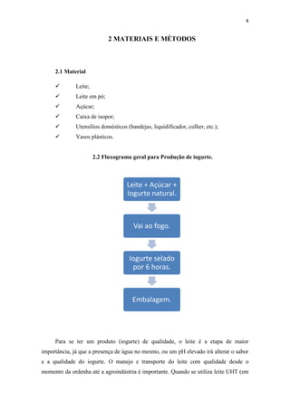 4
2 MATERIAIS E MÉTODOS
2.1 Material
 Leite;
 Leite em pó;
 Açúcar;
 Caixa de isopor;
 Utensílios domésticos (bandejas, liquidificador, colher, etc.);
 Vasos plásticos.
2.2 Fluxograma geral para Produção de iogurte.
Para se ter um produto (iogurte) de qualidade, o leite é a etapa de maior
importância, já que a presença de água no mesmo, ou um pH elevado irá alterar o sabor
e a qualidade do iogurte. O manejo e transporte do leite com qualidade desde o
momento da ordenha até a agroindústria é importante. Quando se utiliza leite UHT (em
Leite + Açúcar +
Iogurte natural.
Vai ao fogo.
Iogurte selado
por 6 horas.
Embalagem.
 