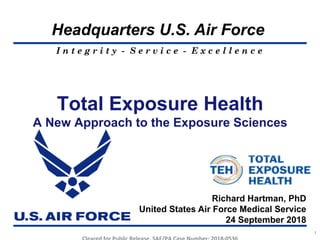 I n t e g r i t y - S e r v i c e - E x c e l l e n c e
Headquarters U.S. Air Force
	
Total Exposure Health
A New Approach to the Exposure Sciences
Richard Hartman, PhD
United States Air Force Medical Service
24 September 2018
1
 