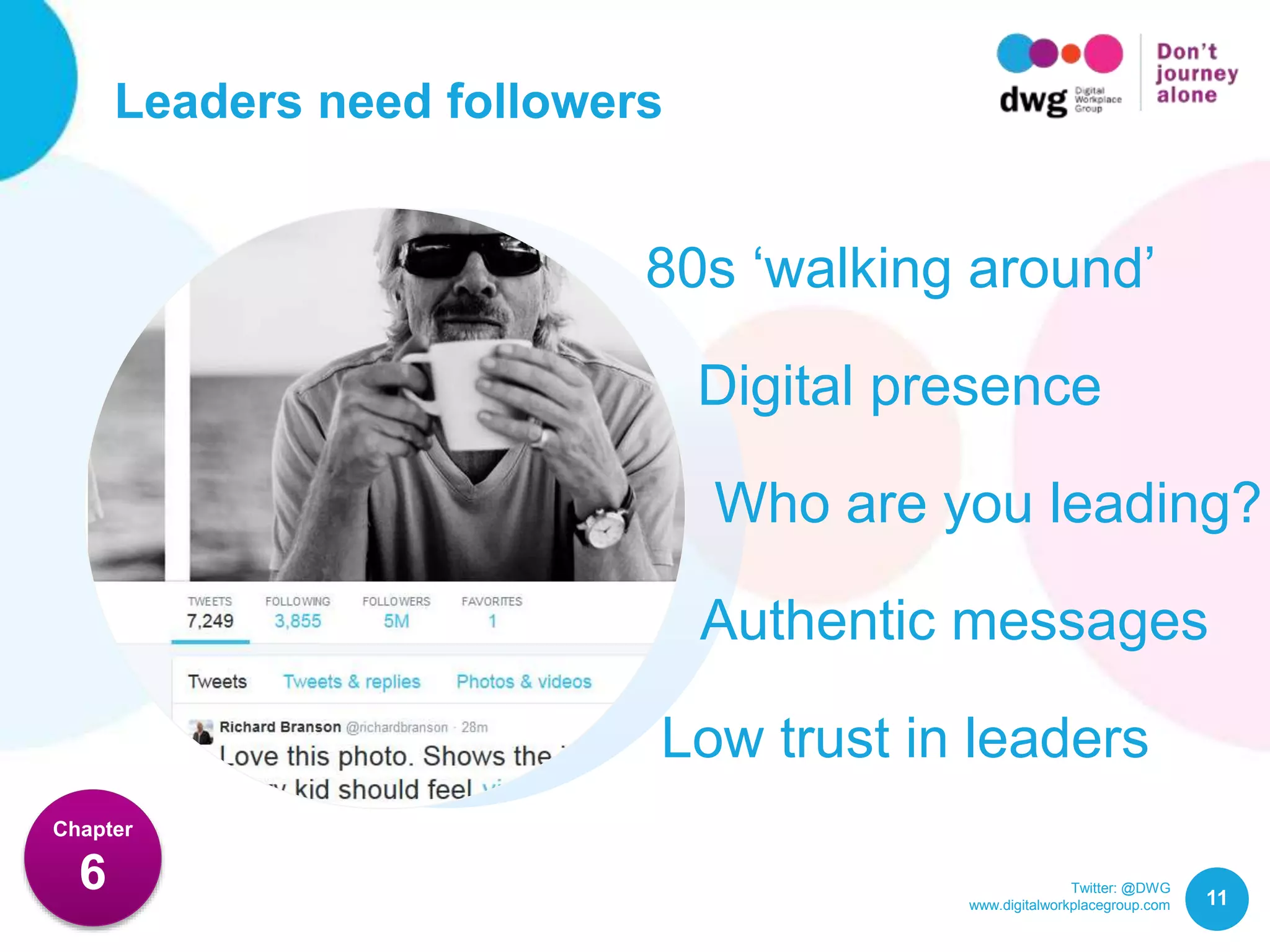 Twitter: @DWG
www.digitalworkplacegroup.com
Leaders need followers
11
Chapter
6
80s ‘walking around’
Digital presence
Who are you leading?
Low trust in leaders
Authentic messages
 