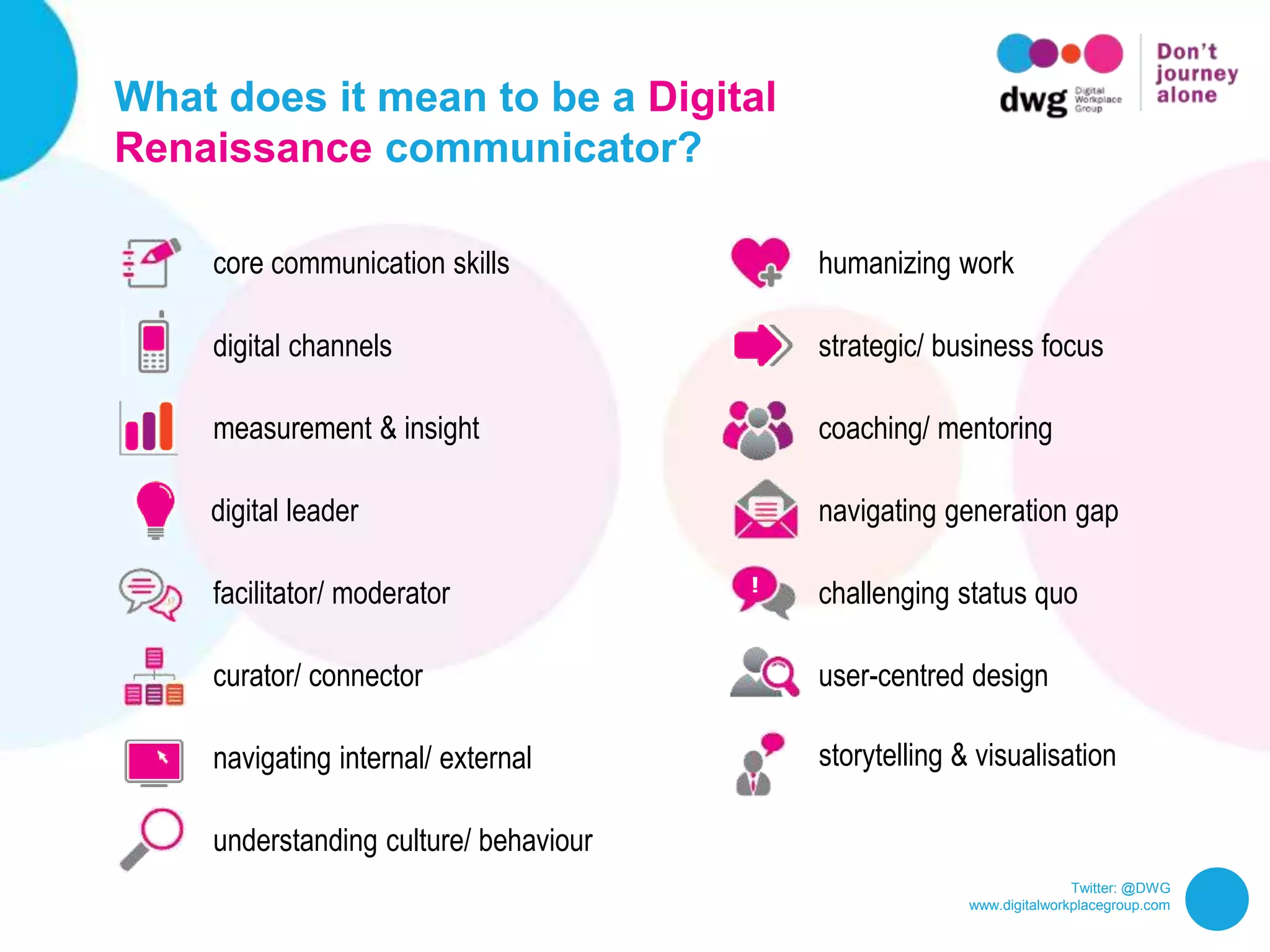 Twitter: @DWG
www.digitalworkplacegroup.com
What does it mean to be a Digital
Renaissance communicator?
core communication skills
digital channels
measurement & insight
storytelling & visualisation
facilitator/ moderator
curator/ connector
navigating internal/ external
humanizing work
strategic/ business focus
coaching/ mentoring
navigating generation gap
challenging status quo
user-centred design
digital leader
understanding culture/ behaviour
!
 