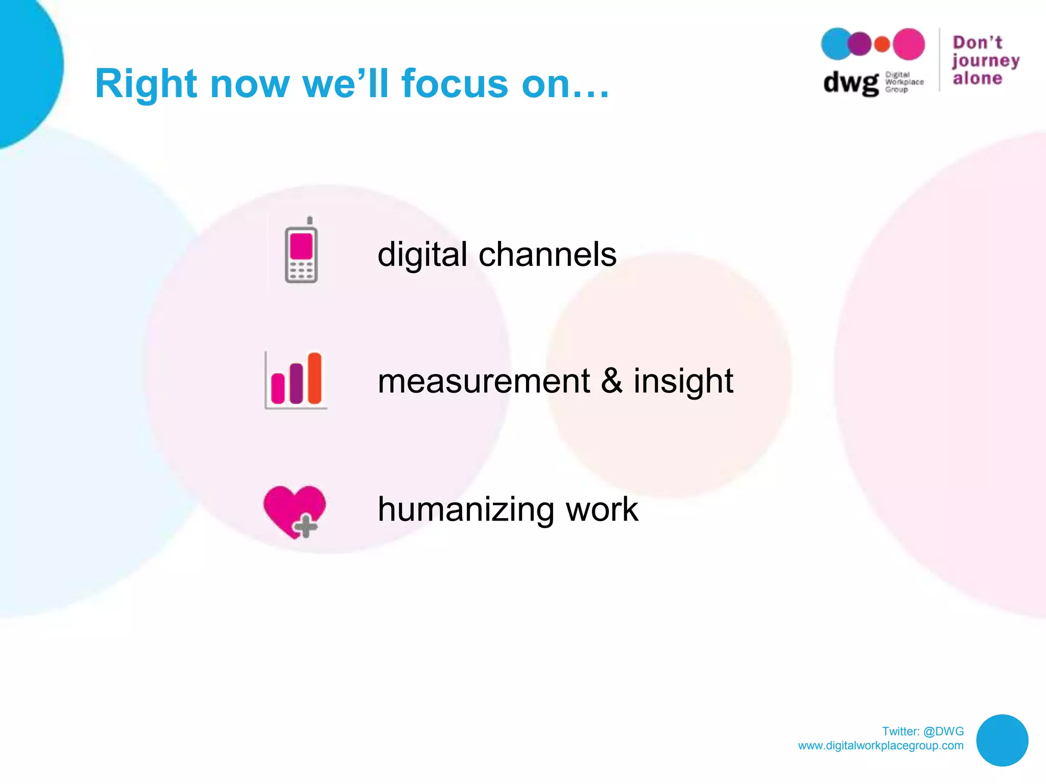 Twitter: @DWG
www.digitalworkplacegroup.com
Right now we’ll focus on…
digital channels
measurement & insight
humanizing work
 