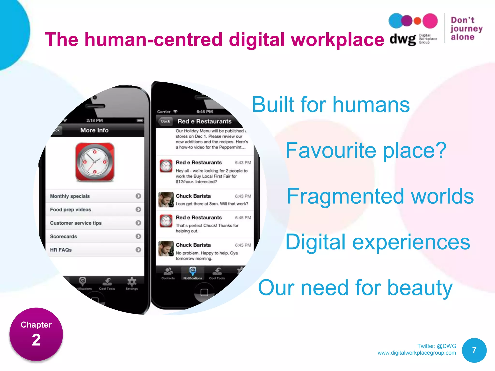 Twitter: @DWG
www.digitalworkplacegroup.com
The human-centred digital workplace
7
Chapter
2
Built for humans
Favourite place?
Fragmented worlds
Our need for beauty
Digital experiences
 