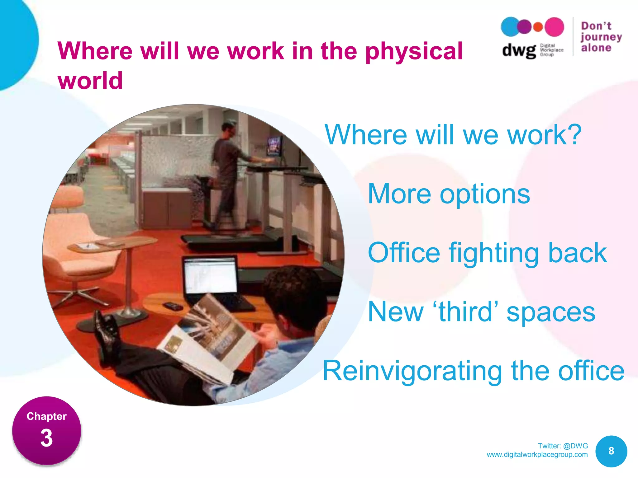 Twitter: @DWG
www.digitalworkplacegroup.com
Where will we work in the physical
world
8
Chapter
3
Where will we work?
More options
Office fighting back
Reinvigorating the office
New ‘third’ spaces
 
