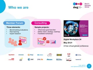 Twitter: @DWG
www.digitalworkplacegroup.com
Who we are
2
Member Forum Consulting
Three elements:
• Benchmarking evaluations
• Peer learning
• Expert research
Sample projects:
• ‘What does good look like’
• Define vision, strategy, roadmap
• Facilitated workshops
Digital Workplace 24
May 20-21
A free virtual global conference
 