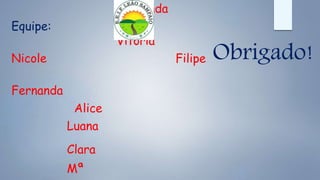 Equipe:
Nicole
Fernanda
Alice
Luana
Clara
Mª
Fernanda
Vitória
Filipe Obrigado!
 