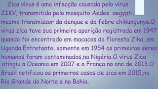 Zica vírus é uma infecção causada pelo vírus
ZIKV, transmitida pelo mosquito Aedes aegypti,
mesmo transmissor da dengue e da febre chikungunya.O
vírus zica teve sua primeira aparição registrada em 1947
quando foi encontrado em macacos da Floresta Zika, em
Uganda.Entretanto, somente em 1954 os primeiros seres
humanos foram contaminados,na Nigéria.O vírus Zica
atingiu a Oceania em 2007 e a França no ano de 2013.O
Brasil notificou os primeiros casos de zica em 2015,no
Rio Grande do Norte e na Bahia.
 
