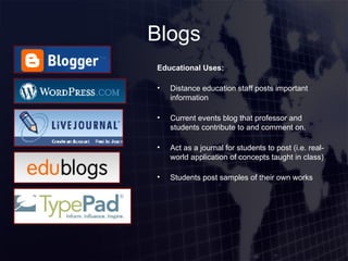 Blogs Educational Uses: Distance education staff posts important information Current events blog that professor and students contribute to and comment on. Act as a journal for students to post (i.e. real-world application of concepts taught in class) Students post samples of their own works 