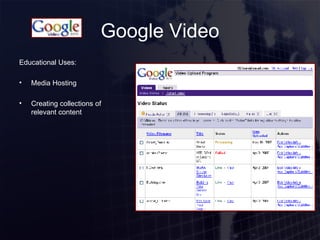 Google Video Educational Uses: Media Hosting Creating collections of relevant content 