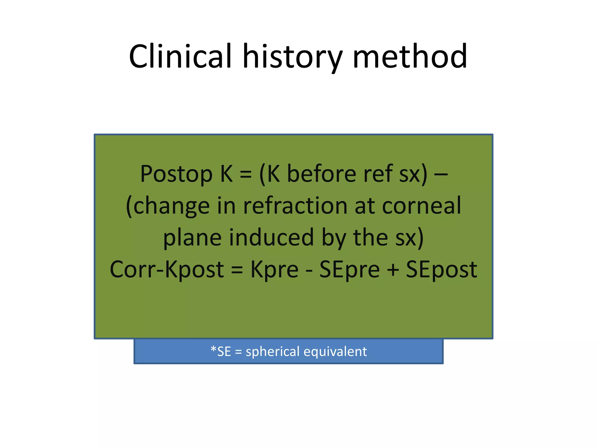 Clinical history method
Postop K = (K before ref sx) –
(change in refraction at corneal
plane induced by the sx)
Corr-Kpost = Kpre - SEpre + SEpost
*SE = spherical equivalent
 