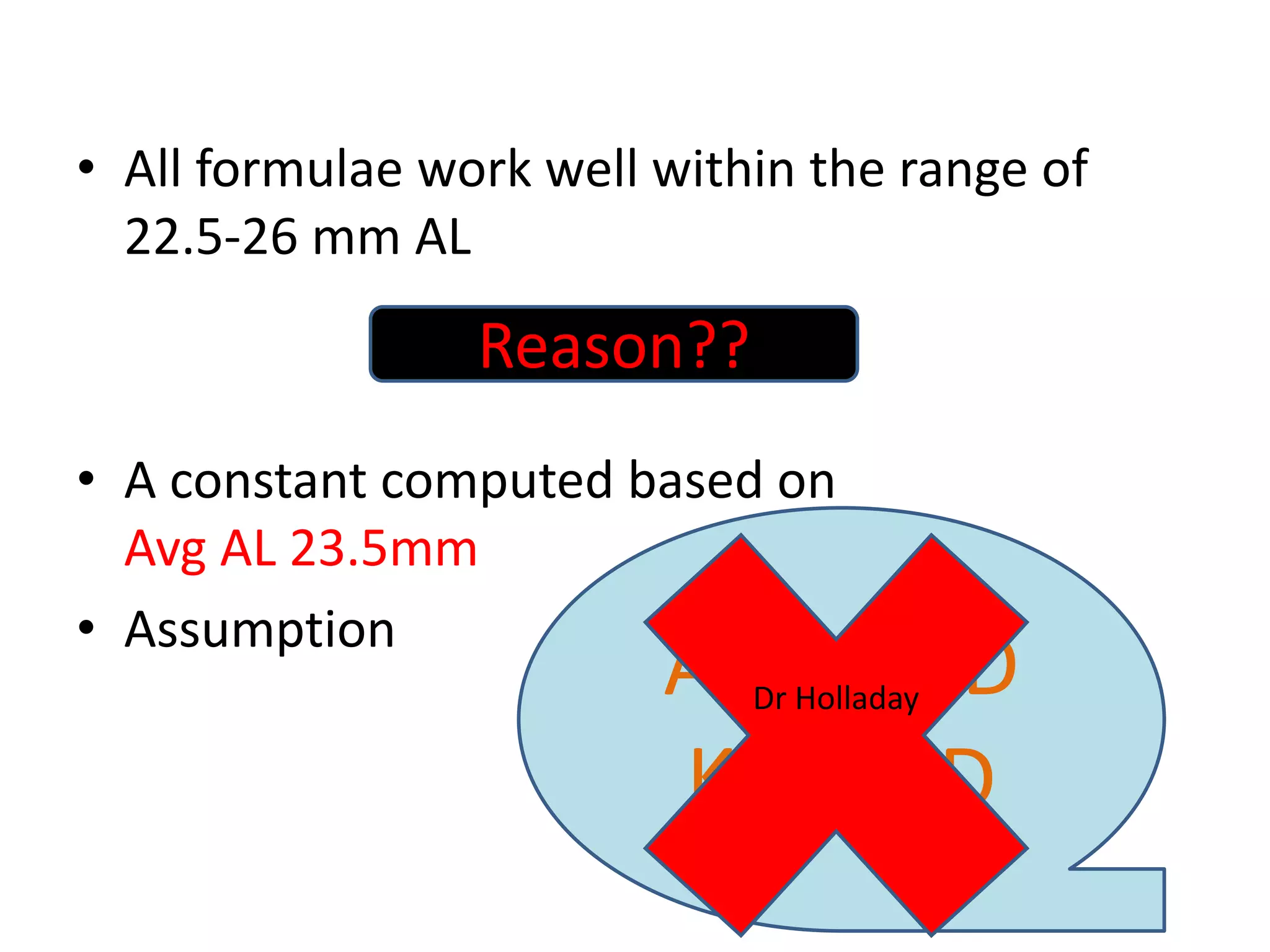 • All formulae work well within the range of
22.5-26 mm AL
• A constant computed based on
Avg AL 23.5mm
• Assumption
Reason??
AL α ACD
K α ACD
Dr Holladay
 